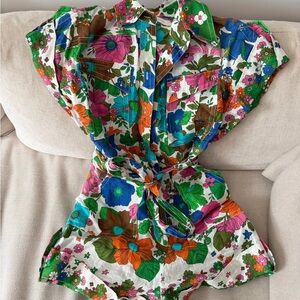 Zimmermann Floral Multicolor Linen Button-Up play suit romper with sash